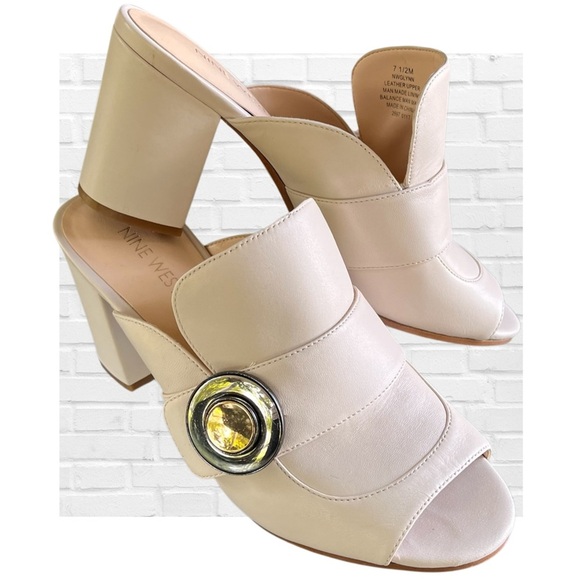 Nine West Glynn Leather Women's 7.5 M Cream Mules Open Toe Block Heel Neutral - Picture 1 of 11